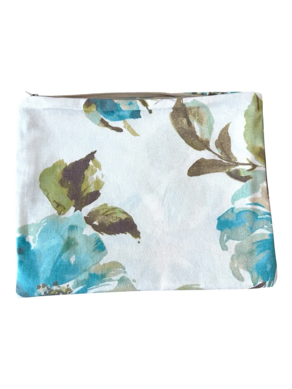 Floral Canvas Cosmetic Pouch in White and Teal